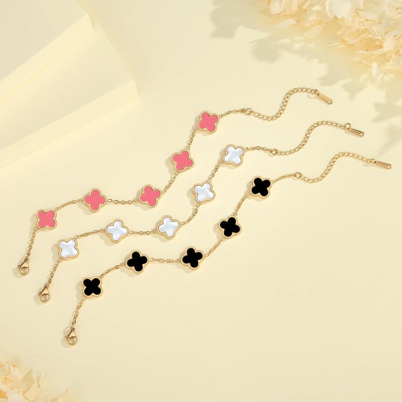 HAITTY 18K Gold Plated Clover Bracelet Set for Women White/Black/Gold/Silver/Green/Pink Adjustable Link Double-Sided Lucky Bracelets Trendy Bracelets Set Jewelry Gifts for Women Men - Image 5